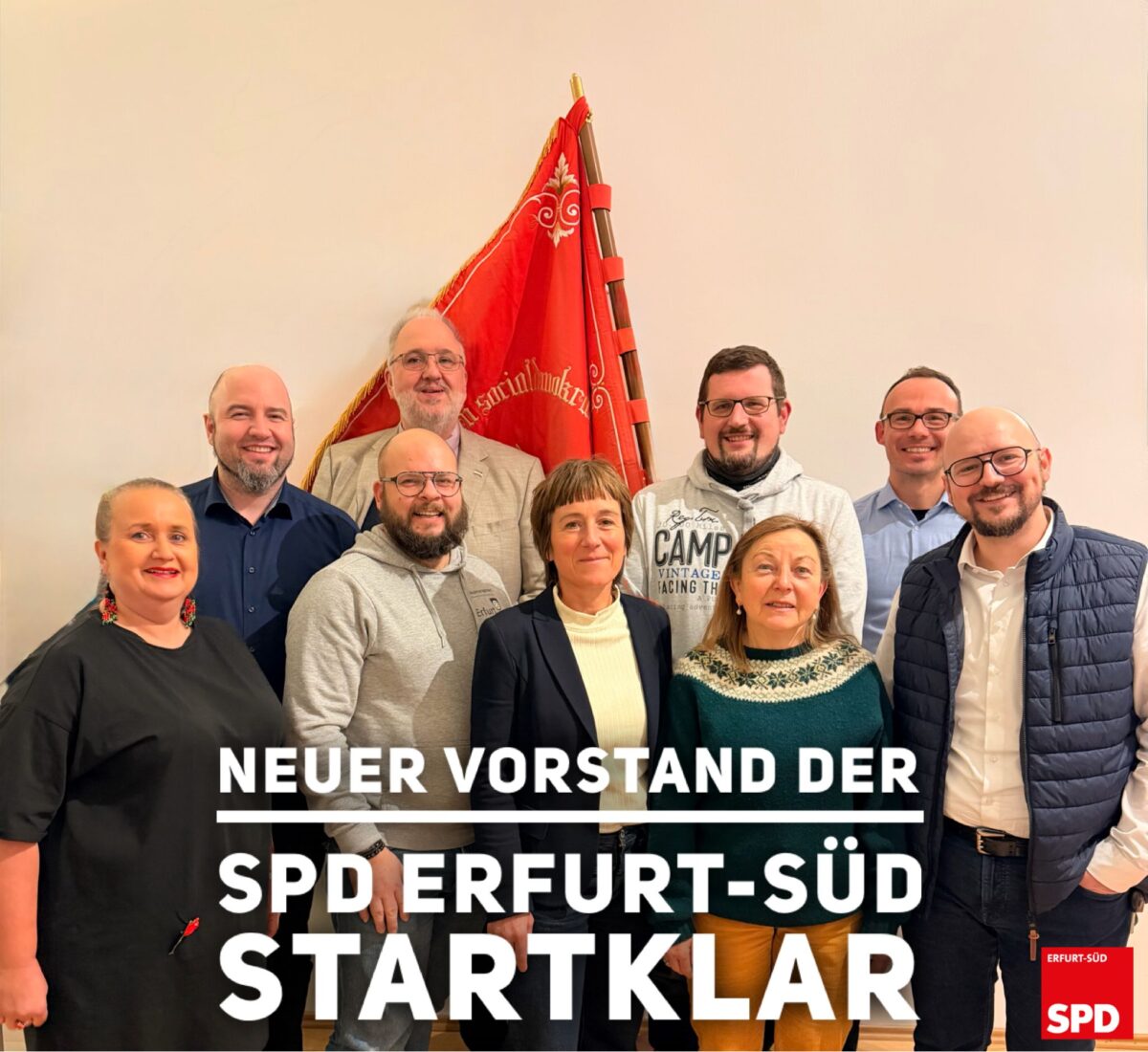 Der neue Vorstand des Ortsvereins Erfurt-Süd hat sich im November 2025 konstituiert. Als Vorsitzender wurde Daniel Mroß (rechts) im Amt bestätigt.